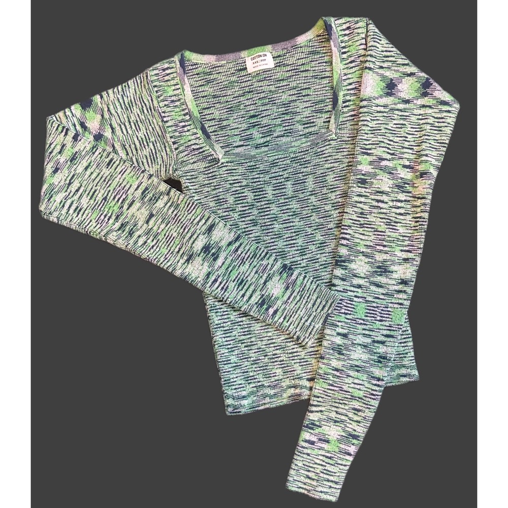 Cotton On XXS Green Space Dye Square Neck Long Sleeve Knit Top 2053238